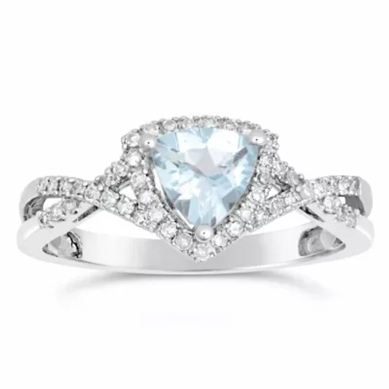 Womens 1/5 CT. Genuine Blue Aquamarine 10K White Gold Halo Crossover Cocktail Ring