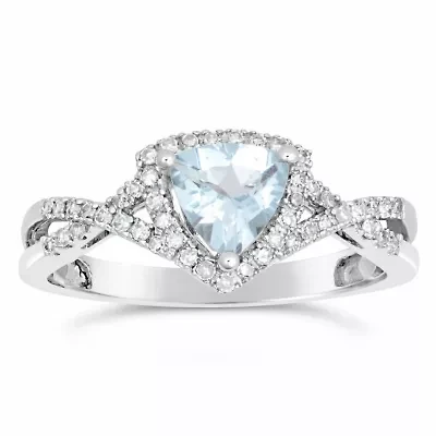 Womens 1/5 CT. Genuine Blue Aquamarine 10K White Gold Halo Crossover Cocktail Ring