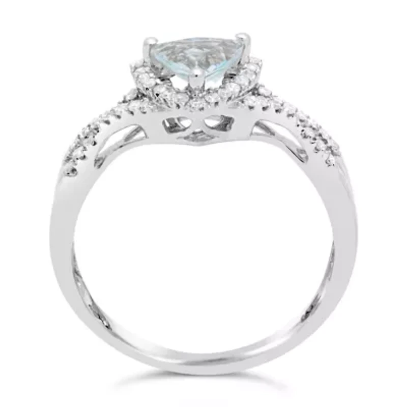 Womens 1/5 CT. Genuine Blue Aquamarine 10K White Gold Halo Crossover Cocktail Ring