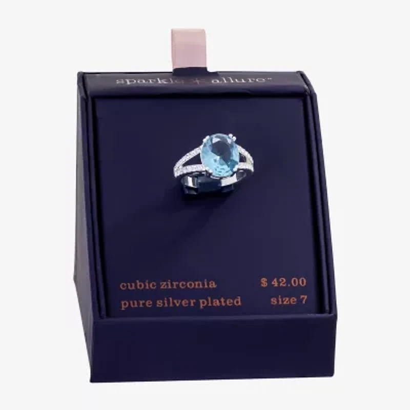 Sparkle Allure Womens Blue Cubic Zirconia Pure Silver Over Brass Oval Cocktail Ring