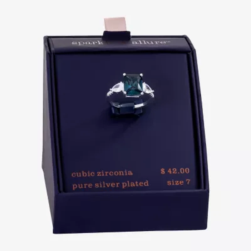 Sparkle Allure Womens Blue Cubic Zirconia Pure Silver Over Brass Rectangular 3-Stone Engagement Ring