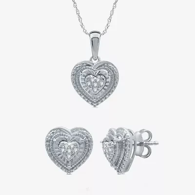 Womens 1/10 CT. T.W. Natural White Diamond Sterling Silver Heart 2-pc. Jewelry Set
