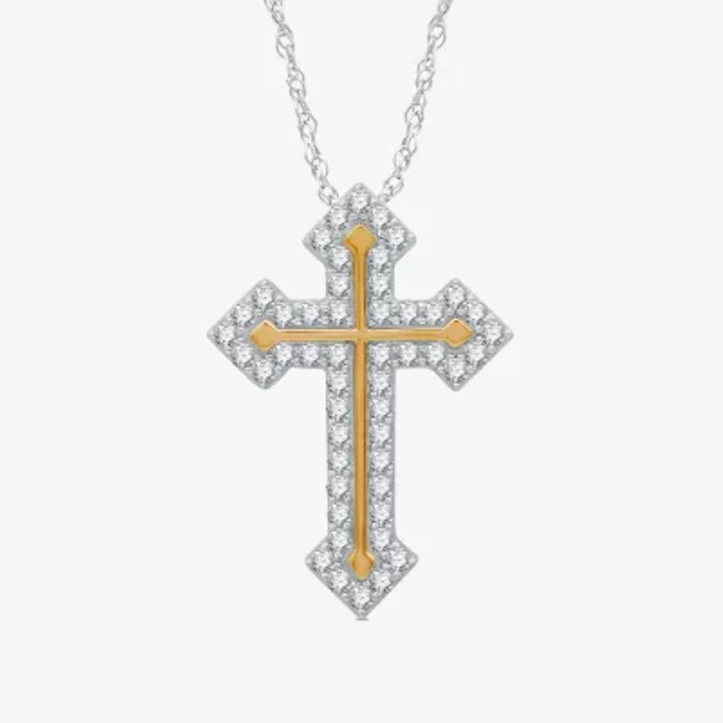 Womens 1 CT. T.W. Natural White Diamond 14K Gold Over Silver Cross 18 Inch Pendant Necklace