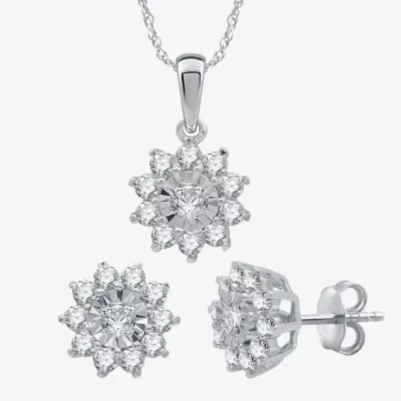 Womens 1 CT. T.W. Natural White Diamond Sterling Silver Flower 2-pc. Jewelry Set