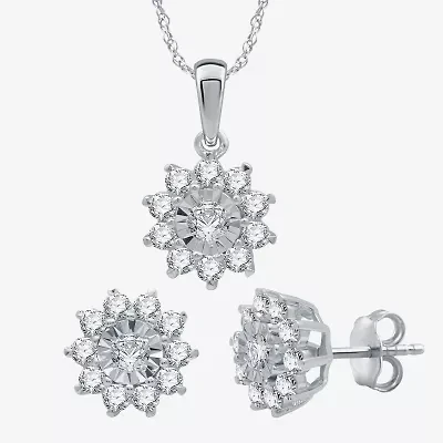 Womens 1 CT. T.W. Natural White Diamond Sterling Silver Flower 2-pc. Jewelry Set