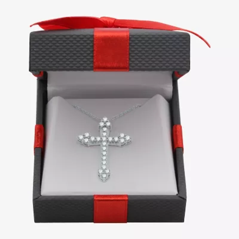 Womens 1 CT. T.W. Natural White Diamond Sterling Silver Cross 18 Inch Pendant Necklace