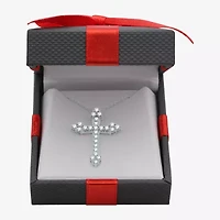Womens 1 CT. T.W. Natural White Diamond Sterling Silver Cross 18 Inch Pendant Necklace