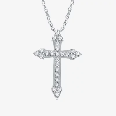 Womens 1 CT. T.W. Natural White Diamond Sterling Silver Cross 18 Inch Pendant Necklace