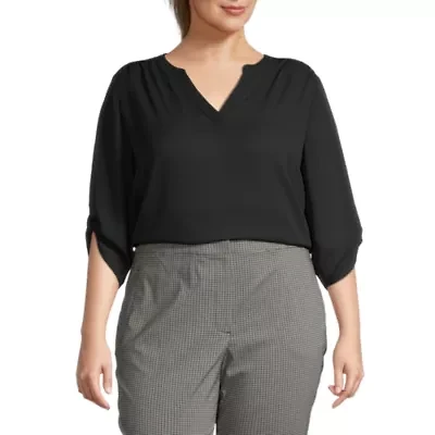 Worthington Womens Split Crew Neck 3/4 Sleeve Plus Blouse