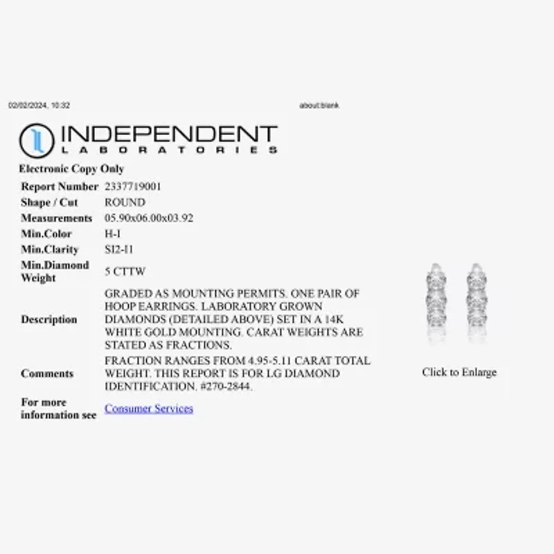 (H-I / Si2-I1) Womens 5 CT. T.W. Lab Grown White Diamond 14K White Gold 18.9mm Hoop Earrings