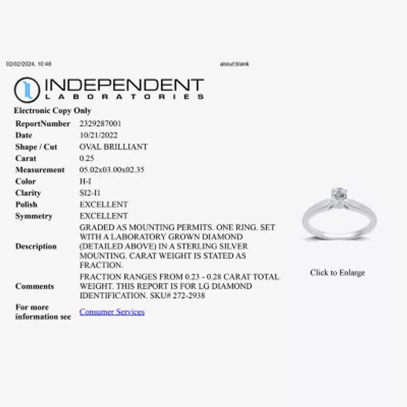 I Said Yes (H-I / Si2-I1) Womens 1/4 CT. Lab Grown White Diamond Sterling Silver Oval Solitaire Engagement Ring