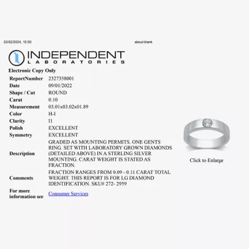 I Said Yes (H-I / I1) Mens 1/10 CT. T.W. Lab Grown White Diamond Sterling Silver Wedding Band