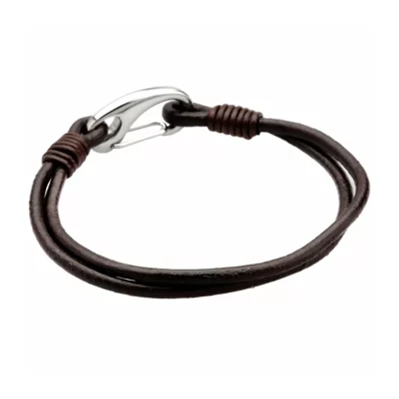 Mens Brown Leather and Stainless Steel Bracelet