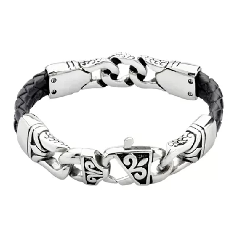 Mens Black Leather and Stainless Steel Chain Bracelet