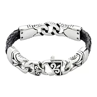 Mens Black Leather and Stainless Steel Chain Bracelet