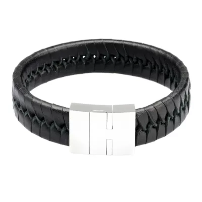Mens Black Leather with Stainless Steel Bracelet