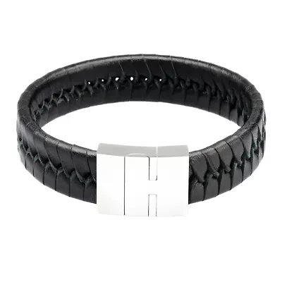 Mens Black Leather with Stainless Steel Bracelet