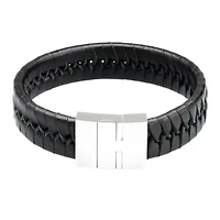 Mens Black Leather with Stainless Steel Bracelet
