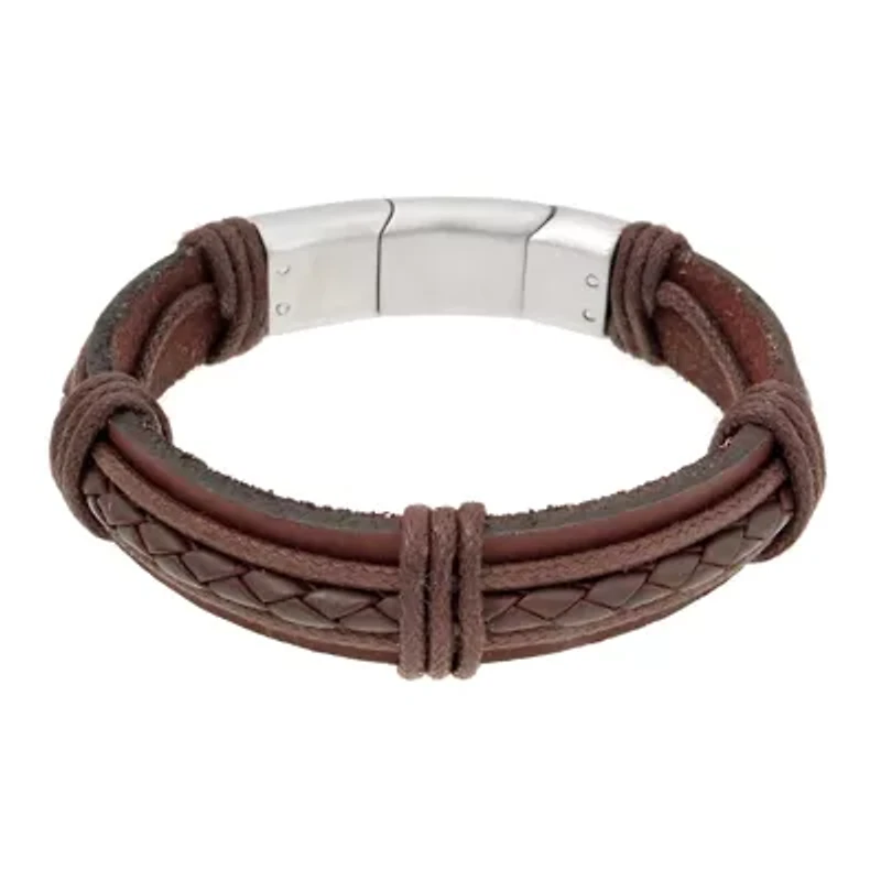 Mens Brown Leather Stainless Steel Bracelet