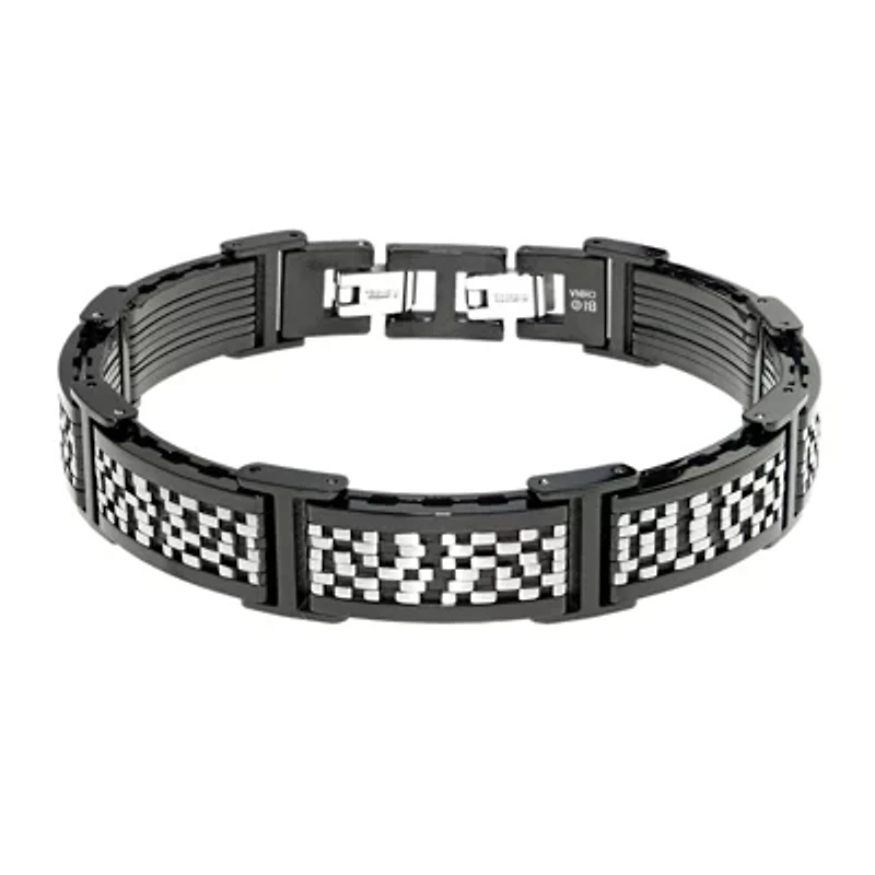 Mens Black IP Stainless Steel Chain Bracelet with Lock Extender
