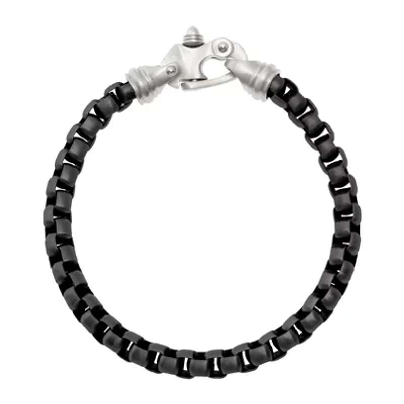 Mens Black IP Stainless Steel Round Box Chain Bracelet with Fancy Clasp