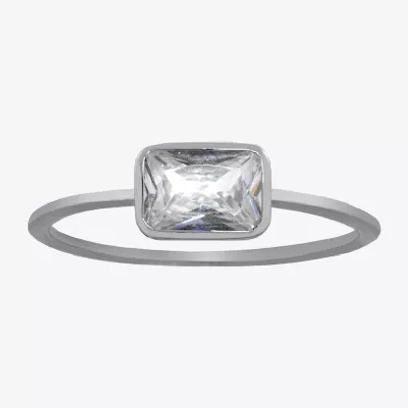 Silver Treasures Womens Cubic Zirconia Sterling Rectangular Delicate Band