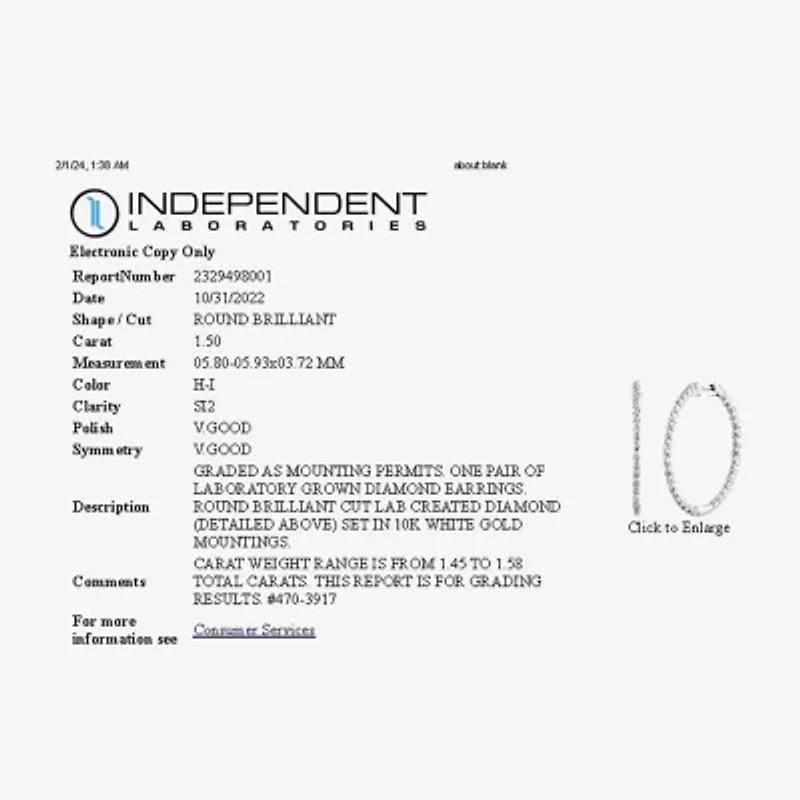 (H-I / Si2) Womens 1 1/2 CT. T.W. Lab Grown White Diamond 10K White Gold 33.2mm Hoop Earrings