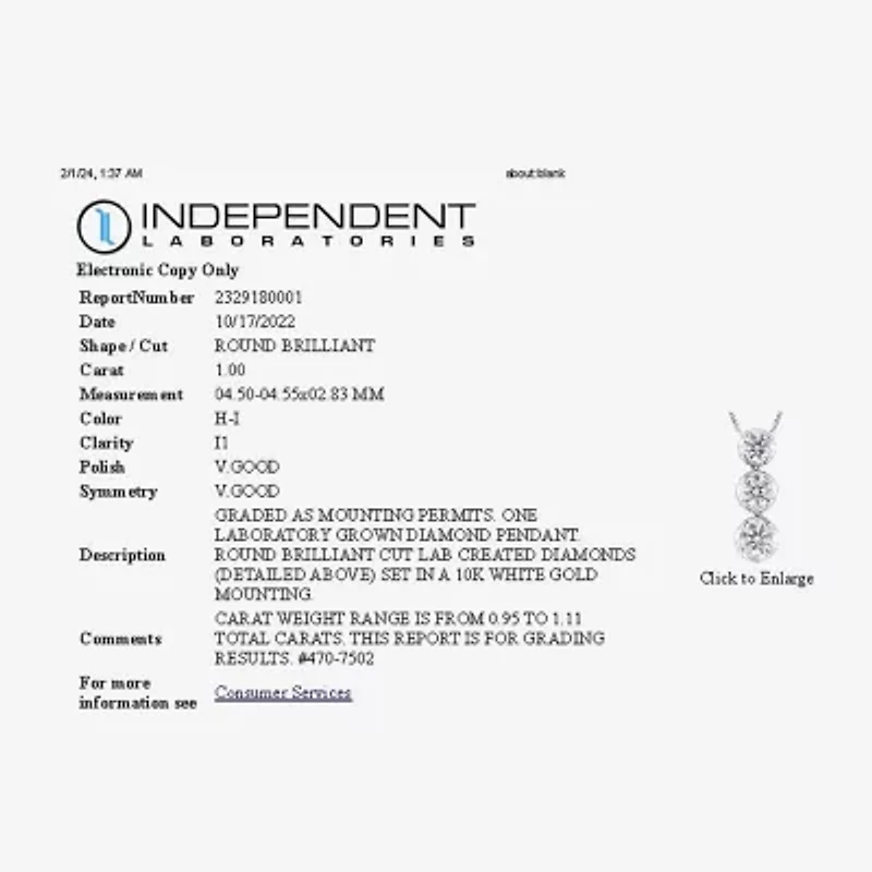 Linear 3-Stone (H-I / I1) Womens 1 CT. T.W. Lab Grown White Diamond 10K White Gold Round 18 Inch Pendant Necklace