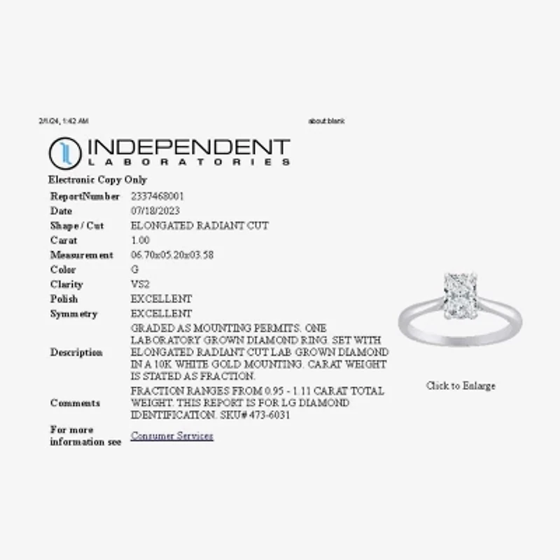 1 CT. Lab-Grown (G / VS2)  Diamond Radiant-cut Solitaire Engagement Ring 10K Gold