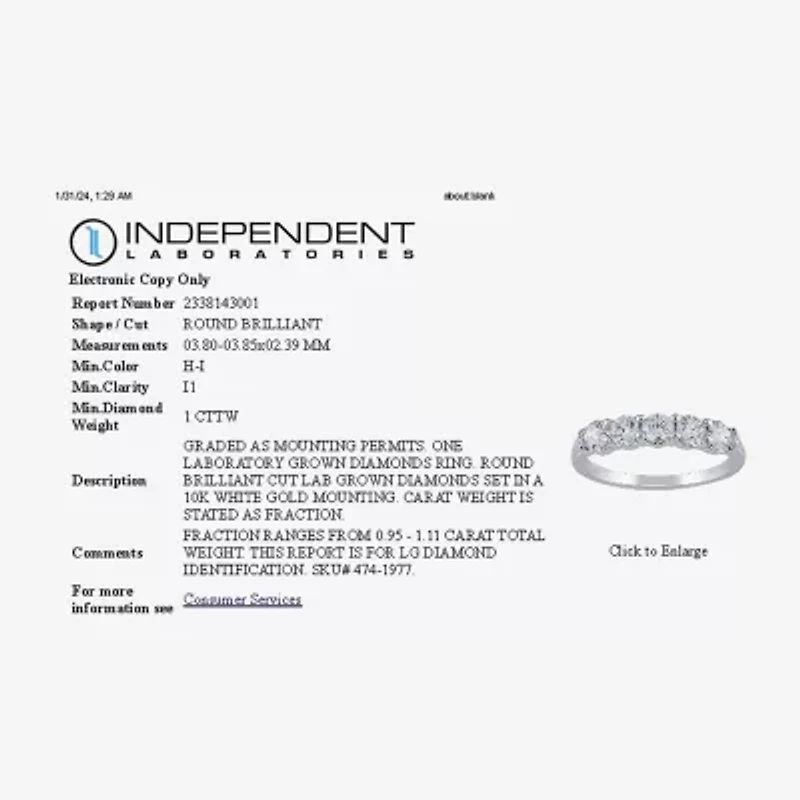 (H-I / I1) Womens 1 CT. T.W. Lab Grown White Diamond 10K Gold 5-Stone Wedding Band