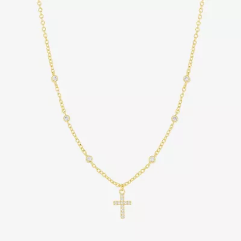 Silver Reflections Womens Cubic Zirconia 14K Gold Over Brass Cross 16 Inch Pendant Necklace