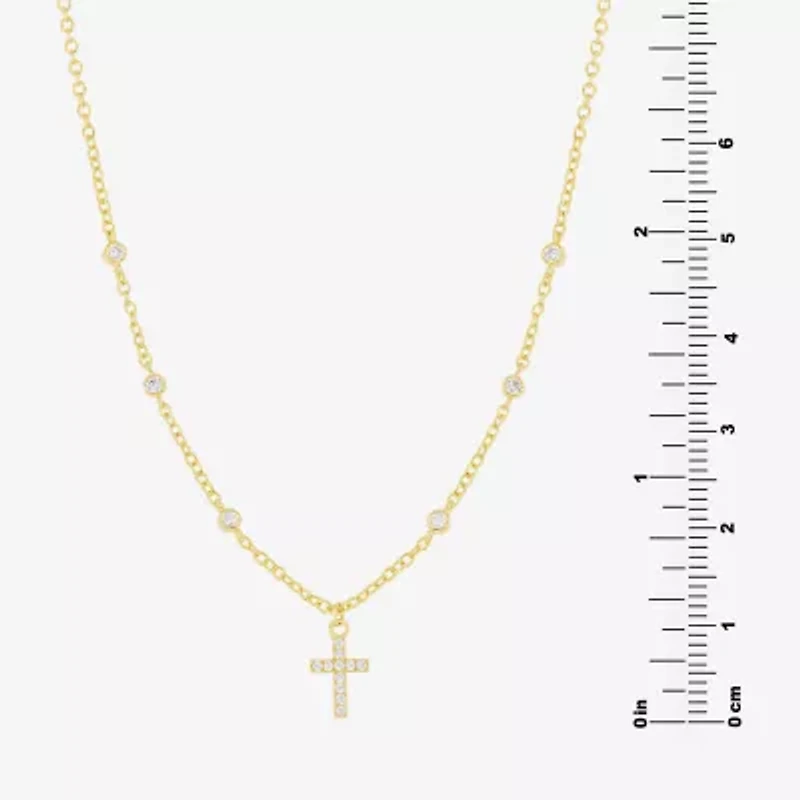 Silver Reflections Womens Cubic Zirconia 14K Gold Over Brass Cross 16 Inch Pendant Necklace