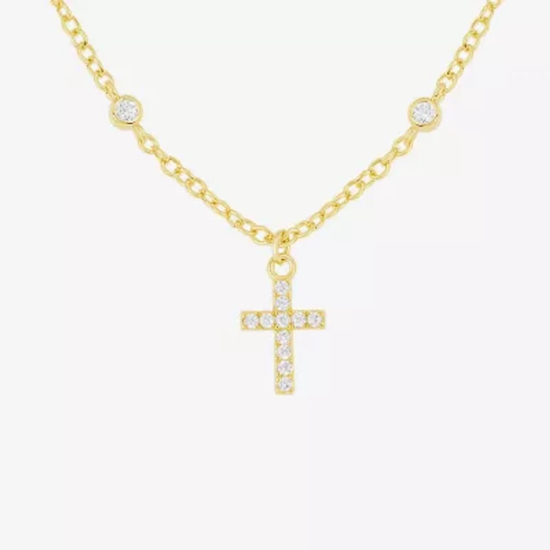 Silver Reflections Womens Cubic Zirconia 14K Gold Over Brass Cross 16 Inch Pendant Necklace