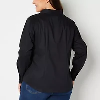 Liz Claiborne Wrinkle Free Womens Plus Long Sleeve Vent Regular Fit Stretch Fabric Poplin Button-Down Shirt