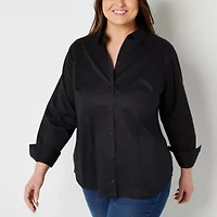 Liz Claiborne Wrinkle Free Womens Plus Long Sleeve Vent Regular Fit Stretch Fabric Poplin Button-Down Shirt