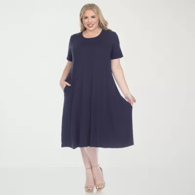 White Mark Womens Plus Midi Scoop Neck Short Sleeve A-Line Dress