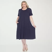White Mark Womens Plus Midi Scoop Neck Short Sleeve A-Line Dress