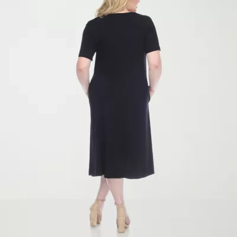White Mark Womens Plus Short Sleeve Midi A-Line Dress