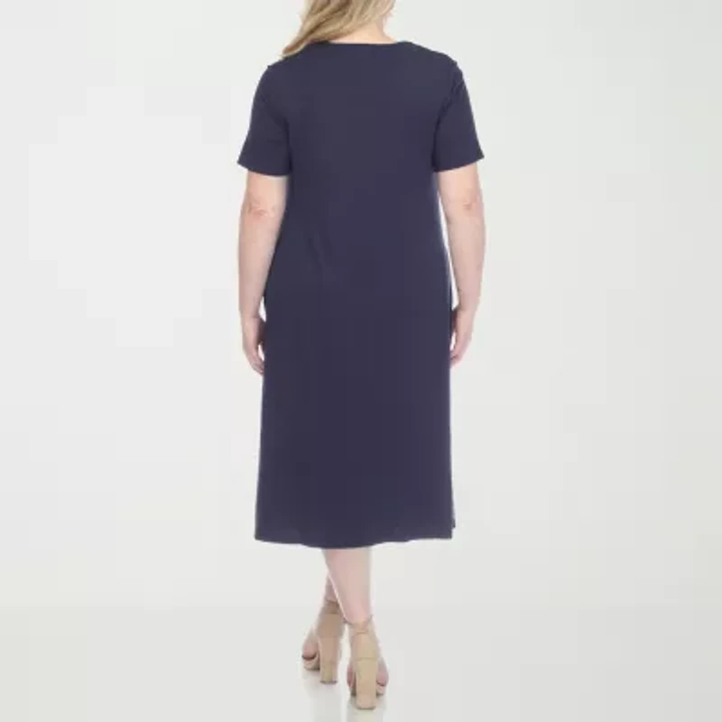 White Mark Womens Plus Midi Scoop Neck Short Sleeve A-Line Dress
