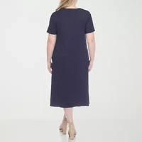 White Mark Womens Plus Midi Scoop Neck Short Sleeve A-Line Dress