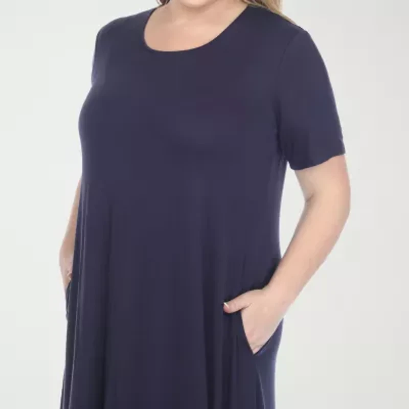 White Mark Womens Plus Midi Scoop Neck Short Sleeve A-Line Dress