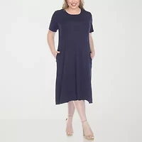 White Mark Womens Plus Midi Scoop Neck Short Sleeve A-Line Dress