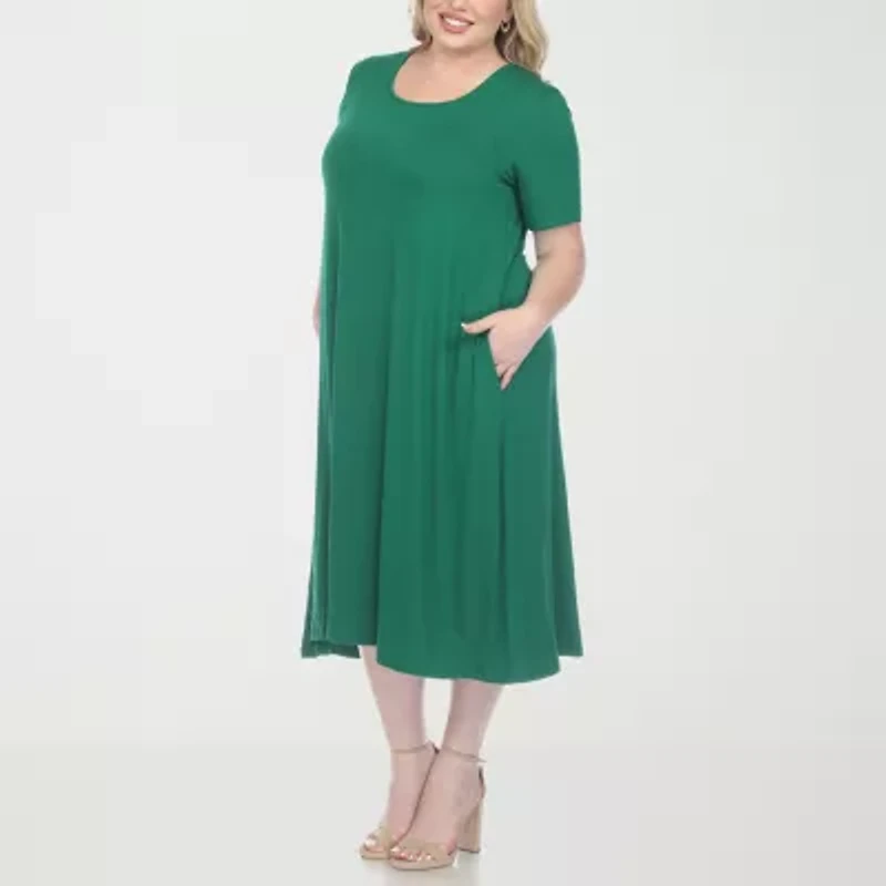 White Mark Womens Plus Short Sleeve Midi A-Line Dress