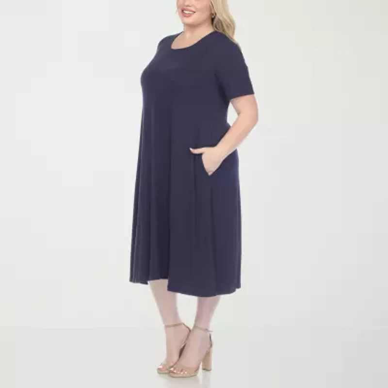 White Mark Womens Plus Midi Scoop Neck Short Sleeve A-Line Dress