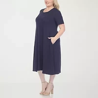 White Mark Womens Plus Midi Scoop Neck Short Sleeve A-Line Dress