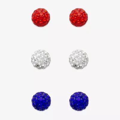 Mixit Patriotic Glitter Stud Womens Glass 3 Pair Earring Set