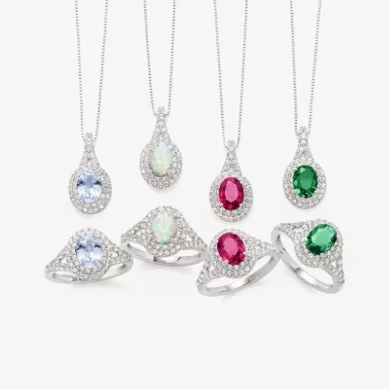 Gemstone & Lab-Created White Sapphire Sterling Silver Halo Pendant Necklace