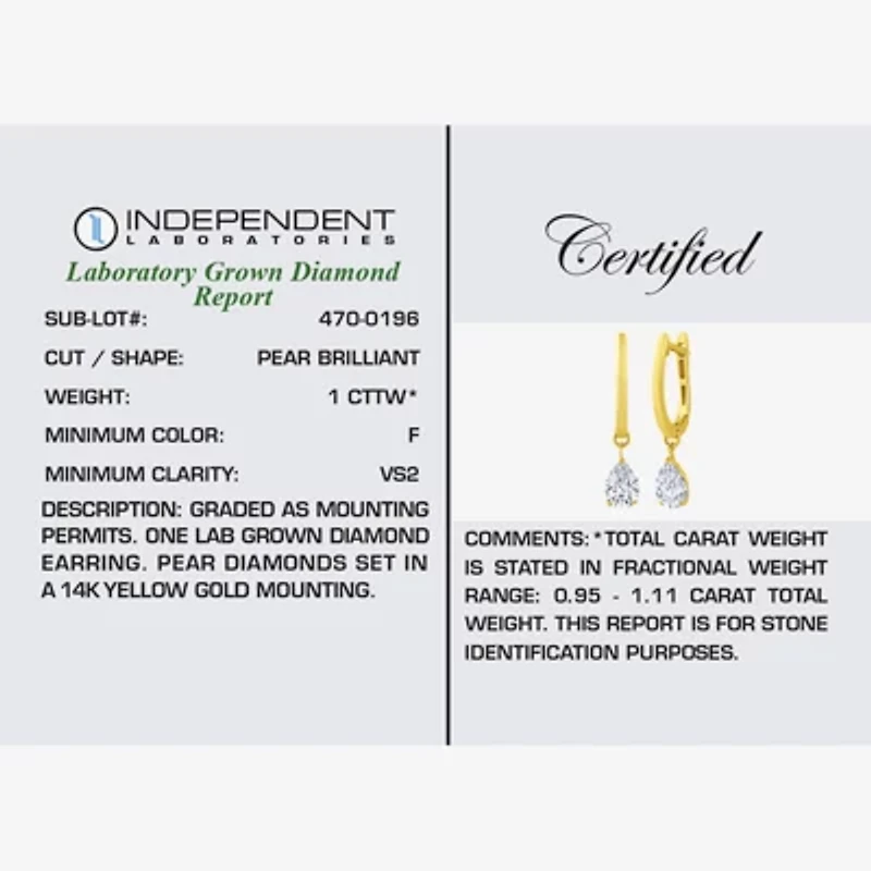 Floating Diamonds (F / Vs2) Womens 1 CT. T.W. Lab Grown White Diamond 14K Gold 23.3mm Pear Hoop Earrings