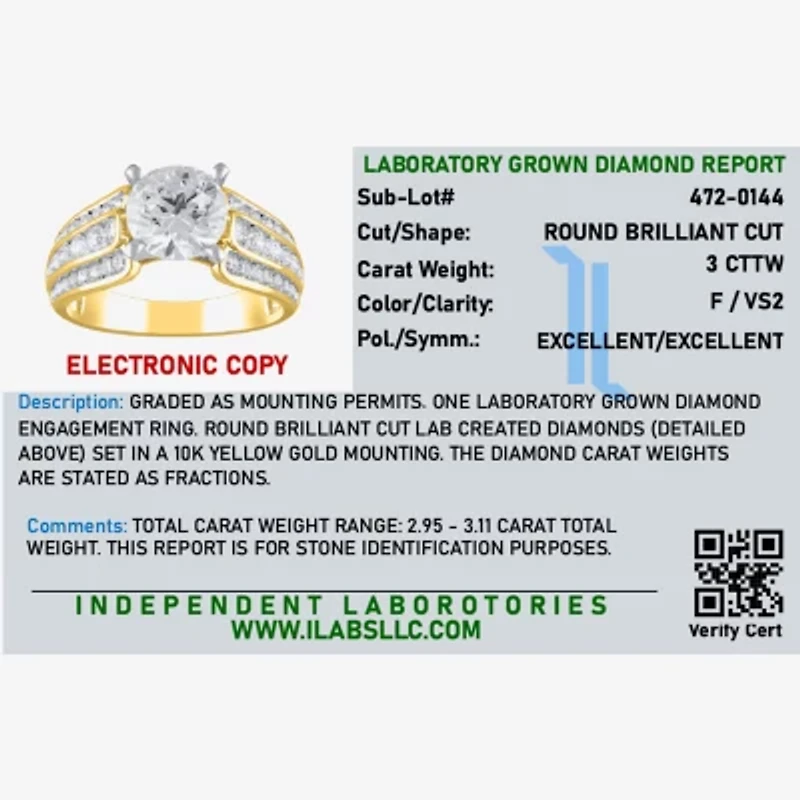 (F / Vs2) Womens 3 CT. T.W. Lab Grown White Diamond 10K Gold Round Side Stone Engagement Ring