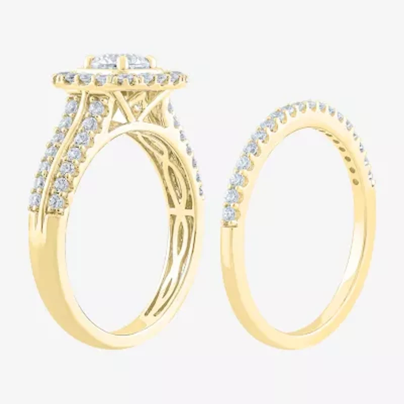 (F /Vs2) Unisex Adult 1 1/2 CT. T.W. Lab Grown White Diamond 10K Gold Side Stone Wedding Bridal Set
